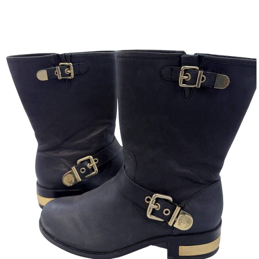 Vince Camuto Womens Black Leather Moto Boots Gold Buckle Mid Calf Size 11M 41